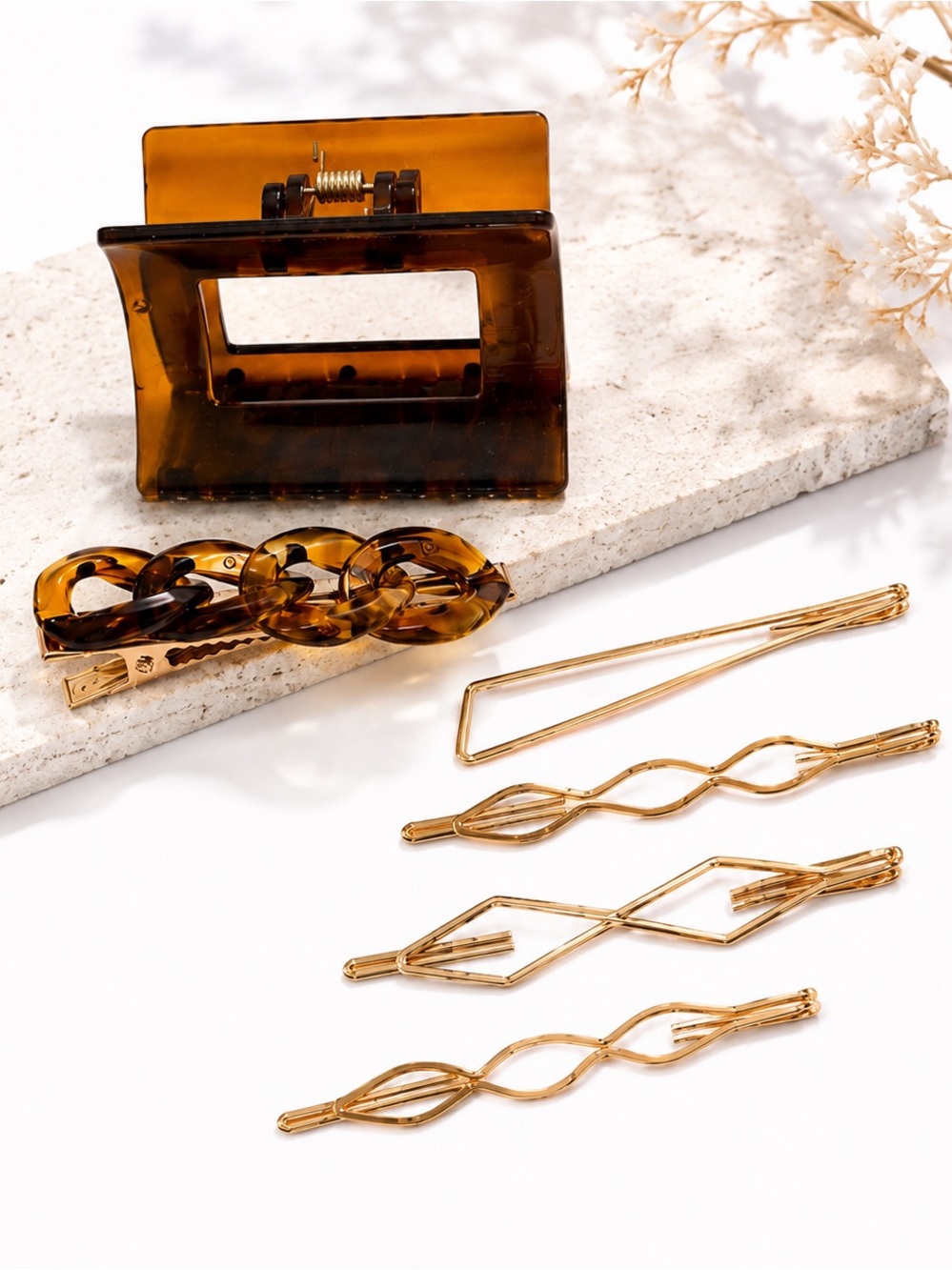 NEW - 6PC Hair Accessory Set: Claw Clip, Tortoiseshell Clip & Gold Hair Pin Set